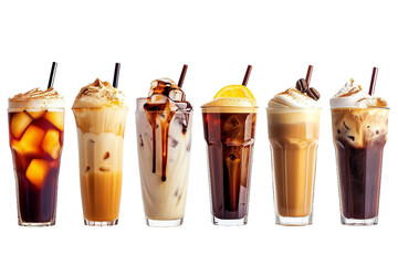 Set of Iced Coffees Isolated on Transparent Background - obrazy, fototapety, plakaty