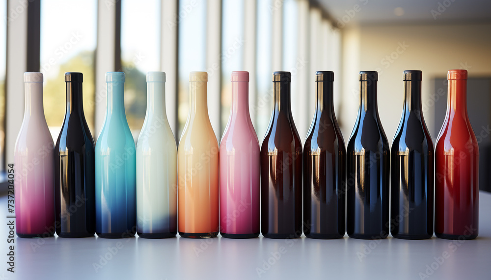 Poster a vibrant collection of colorful bottles in a row generated by ai