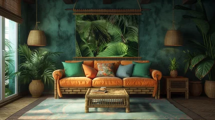  Tropical and exotic interior of living room with rattan sofa, bamboo coffee table, palm leaf rug, macrame wall hanging and pineapple. Beach style home decor. © CREATIVE AI ARTISTRY