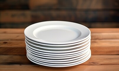 A Tower of Crisp White Plates on a Rustic Wooden Table