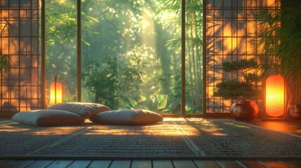 Zen and peaceful interior of living room with low sofa, tatami mat, bamboo screen, bonsai and...