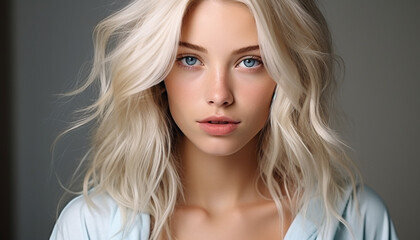 Beautiful young woman with long blond hair and blue eyes generated by AI