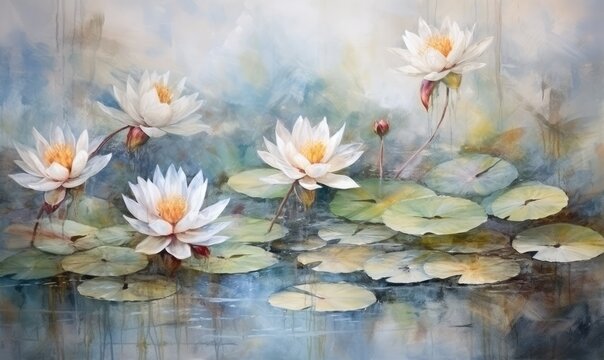 A Serene Reflection: White Water Lilies Dancing in a Tranquil Pond