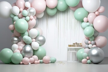 Fototapeta na wymiar Green and pink balloon decoration with white curtains, a table for laying cakes, on a silver background