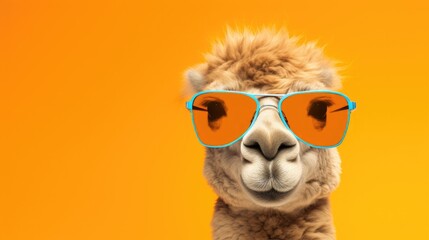 Creative animal concept. Camel in sunglass shade glasses isolated on solid pastel background,...