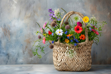 Beautiful wicker bag with spring flowers. - obrazy, fototapety, plakaty