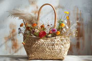 Beautiful wicker bag with spring flowers. - obrazy, fototapety, plakaty