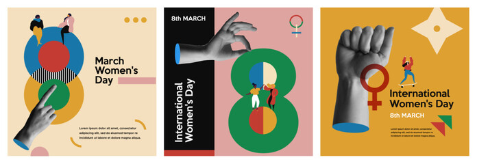 International Womens Day 8th march in retro collage vector illustration set - obrazy, fototapety, plakaty