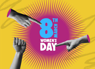 International womens Day 8th march hands in retro collage vector illustration
