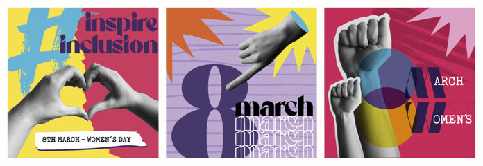 International womens Day with hands in retro collage vector illustration set