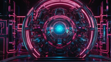 Fototapeta premium Futuristic concept science nucleus of atom surrounded by electrons on technology background, pink neon lights theme from Generative AI