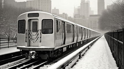 City Train Carving Through a Snow-Covered Landscape, Winter Commute, Urban Travel, Snowfall in the Metropolitan Area