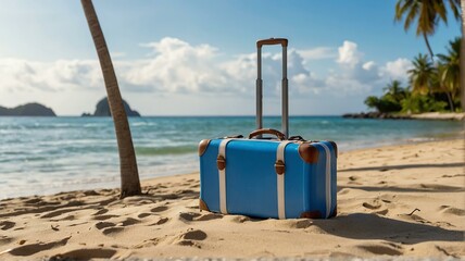 Summer background travel concept, beach front white sand with a blue travel suitcase and a coconut tree and sunlight from Generative AI