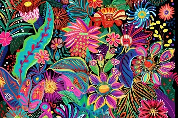 Fototapeta na wymiar Yombe Blossoms: Vibrant Junglepunk Floral Artwork Inspired by Intricate Textile Designs and Yombe Art