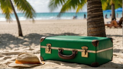 Summer background travel concept, beach front white sand with a green travel suitcase and a coconut tree and sunlight from Generative AI