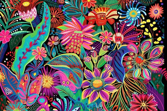 Yombe Blossoms: Vibrant Junglepunk Floral Artwork Inspired by Intricate Textile Designs and Yombe Art