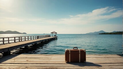 Summer background travel concept, Wooden jetty on the sea with a black travel suitcase and sunlight from Generative AI