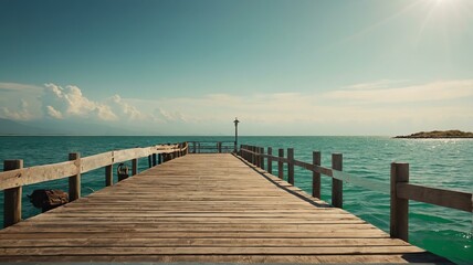 Summer background travel concept, Wooden jetty on the sea sunlight from Generative AI