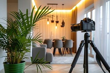 modern interior with white walls, minimalist furniture, a green potted plant, warm lighting and a professional camera on a tripod facing an empty dining area. Place for photo and video shooting