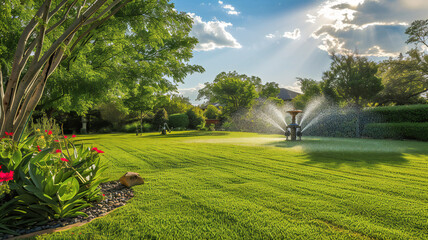 Efficient garden watering systems with automatic sprinklers - obrazy, fototapety, plakaty