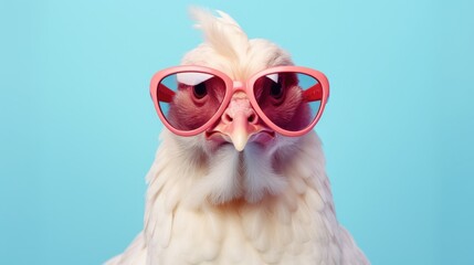 Creative animal concept. Chicken hen in sunglass shade glasses isolated on solid pastel background, commercial, editorial advertisement, surreal surrealism - obrazy, fototapety, plakaty