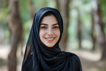 Portrait of smiling young woman in black hijab looking at camera on background. Beautiful muslim lady.