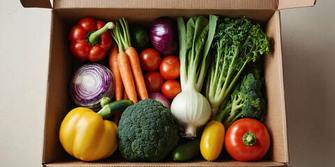 Cardboard delivery box filled with vegetables. Products for a healthy diet.