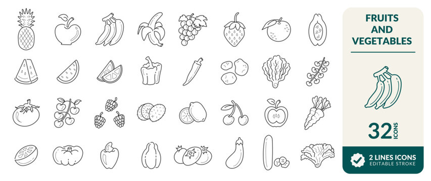 LINE EDITABLE ICONS SET. ELEMENTS FOR ILLUSTRATING THEMES OF VARIOUS FRUITS AND VEGETABLES, PINEAPPLE, APPLE, BANANA, GRAPE, STRAWBERRY, ORANGE, PUMPKIN, CHILI, PEPPER AND OTHERS. PIXEL PERFECT. 