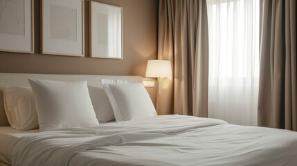 a bed with a white comforter and pillows in a room with two framed pictures on the wall and two lamps on either side of the bed.