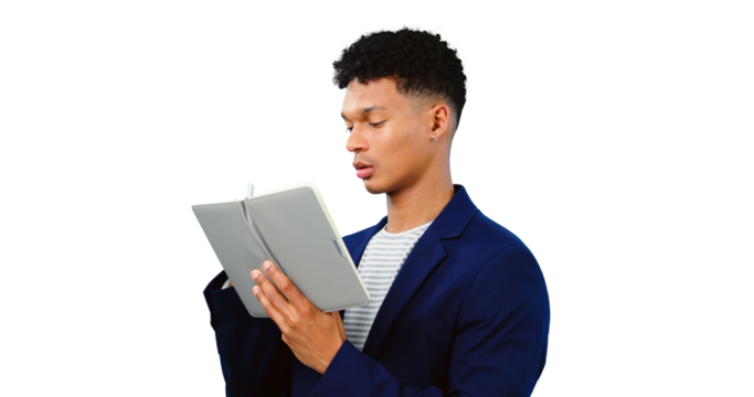 Business, man and planning in notebook with schedule and notes in transparent, isolated or png background. Reading, research and problem solving with project, knowledge and information in journal