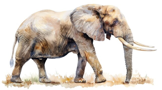 a painting of an elephant with tusks standing in a grassy area with grass and dirt on the ground.