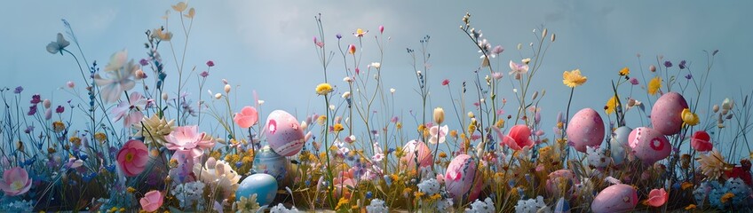 easter eggs and lots of flowers in a grass patch, in the style of dark sky-blue and light pink, spectacular backdrops, captivating - obrazy, fototapety, plakaty