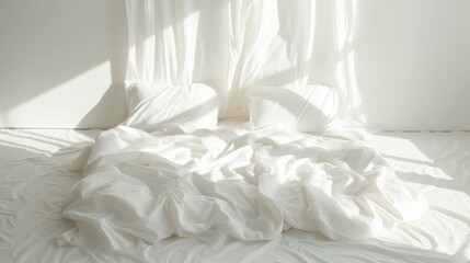 an unmade bed with white sheets and a white curtain in a room with white walls and white flooring.