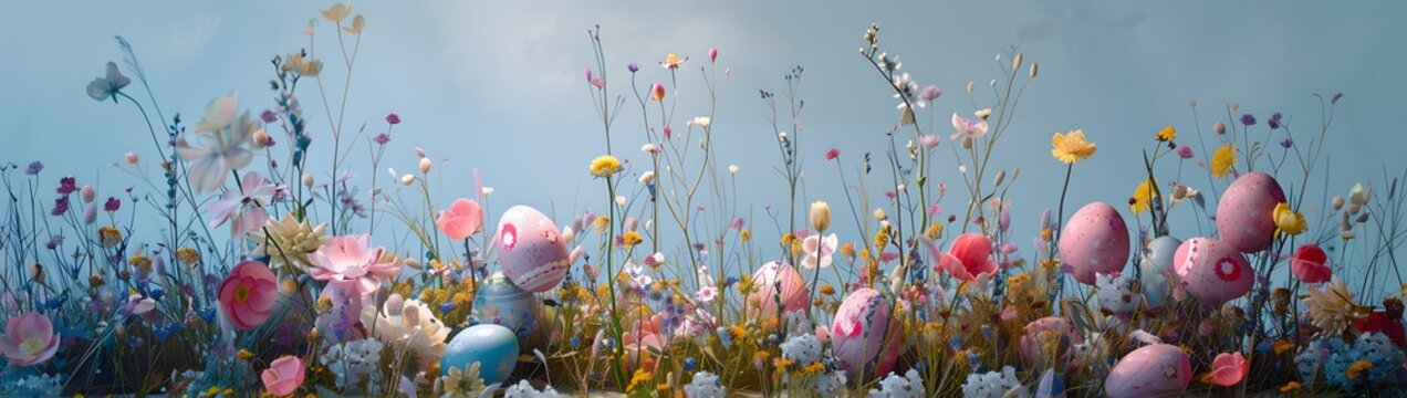easter eggs and lots of flowers in a grass patch, in the style of dark sky-blue and light pink, spectacular backdrops, captivating