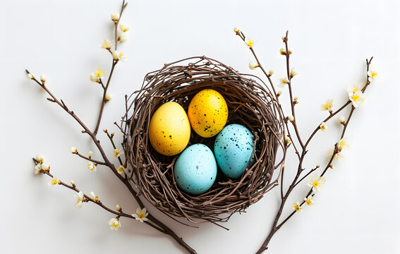 Spring Renewal: Colorful Easter Eggs Nestled in a Rustic Twig Nest Amidst Blossoming Branches