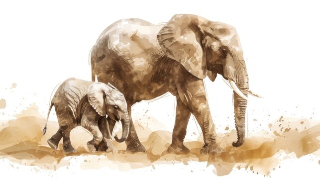 a watercolor painting of a mother and baby elephant walking side by side with a baby elephant on the other side.
