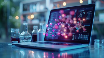 Pharmaceutical advances in drug development visualized through a molecular model on a laptop next to food-grade samples - obrazy, fototapety, plakaty