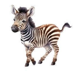 Zebra cub isolated on white background. Zebra baby. African animals. Safari. Illustration. Template. Hand drawn. Greeting card design. Clip art.