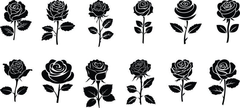 Set of vector black silhouettes of rose flowers isolated on a white background