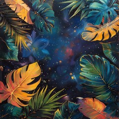 A cosmic scene of asteroids shaped like tropical leaves