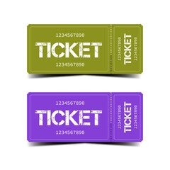 Ticket of admission in modern and retro, green and purple colors