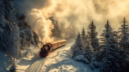 a train is coming down the tracks in the snow with trees on both sides of the track and steam pouring out of the top of the train. - obrazy, fototapety, plakaty