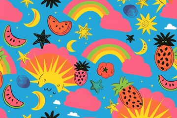 Fototapeta na wymiar Nostalgic Rainbow: A Cute and Fun Collage Pattern Bursting with Vibrant Bold Colors, Evoking a Sense of Playful Nostalgia
