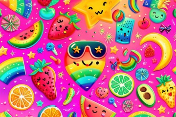 Rainbow Revival: A Cheerful Collage Pattern Infused with Vibrant Colors, Bringing Forth Nostalgic Memories in a Fun and Cute Style