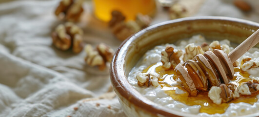 Cottage cheese with Walnuts and Honey Drizzle - obrazy, fototapety, plakaty