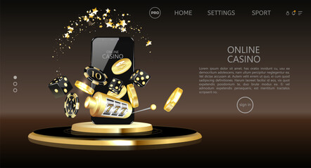 Online casino, welcome bonus, black banner with offer, podium with smartphone, casino slot machine, Casino Roulette, cards and poker chips in dark scene with gold neon triangles around