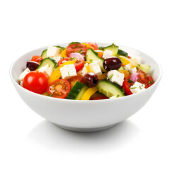 Delicious Greek salad in a white bowl, isolated on white background