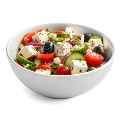 Delicious Greek salad in a white bowl, isolated on white background