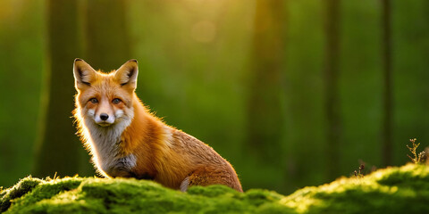 Fototapeta premium A red fox stands on green moss against the backdrop of a forest illuminated by the evening sun.