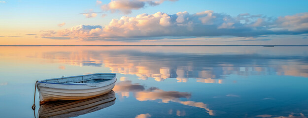 Serene Lake with a Solitary Boat at Sunrise.